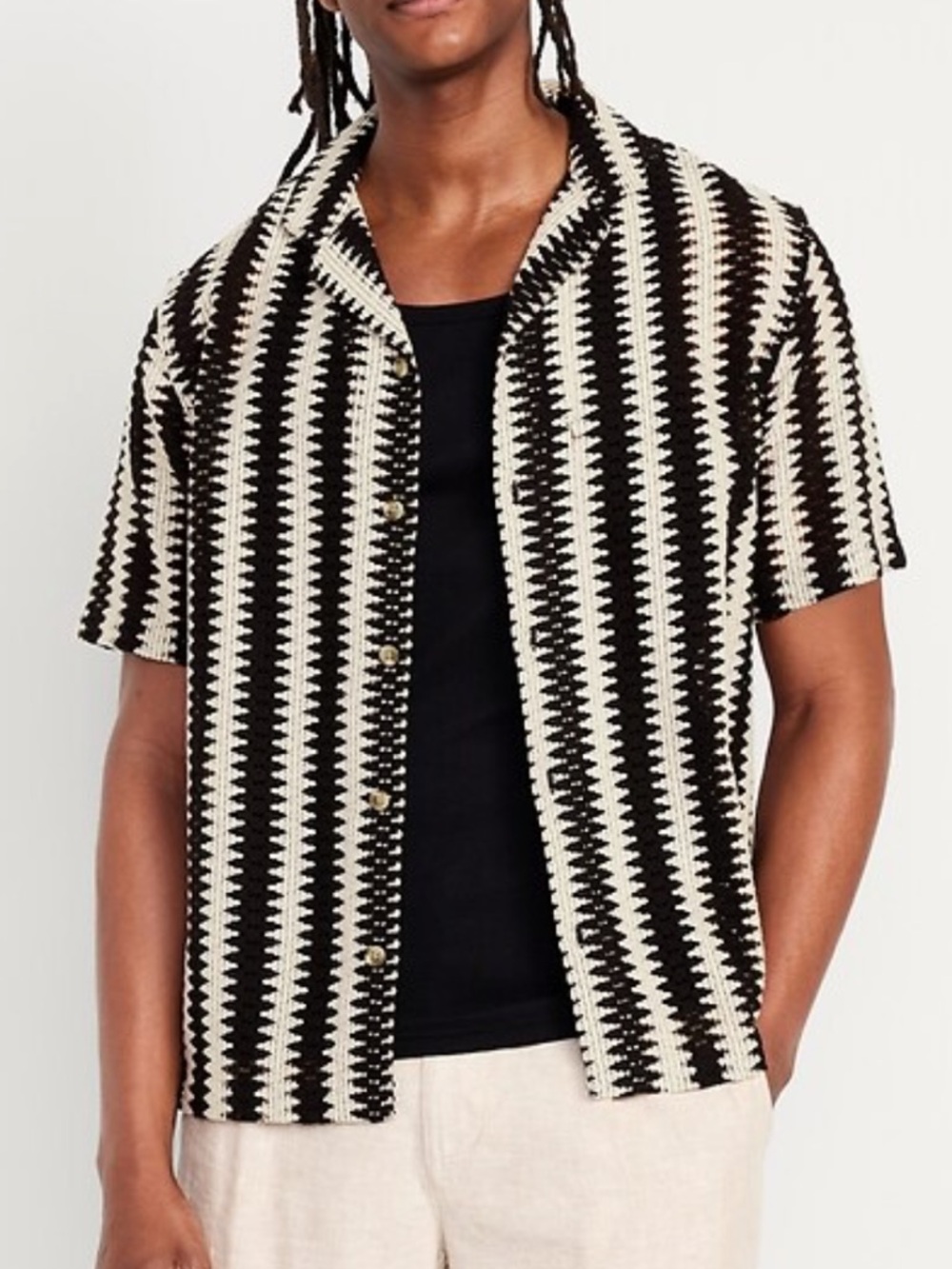 Arizona Cropped Boxy Fit Striped Crochet Knit Short Sleeve Button Front Shirt